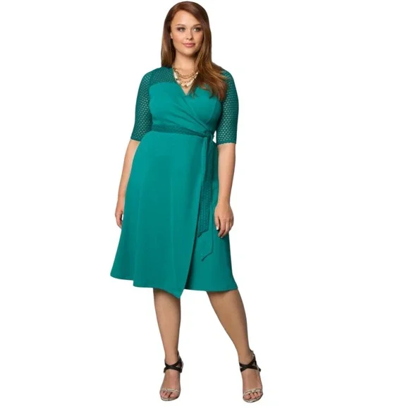 KIYONNA Teal Wrap Mesh Sleeve Sheath Dress Made in USA Size‎ 2
